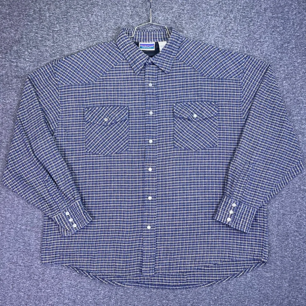 North Crest Shirt Mens XL Blue Plaid Pearl Snap Western Casual Cowboy Flannel